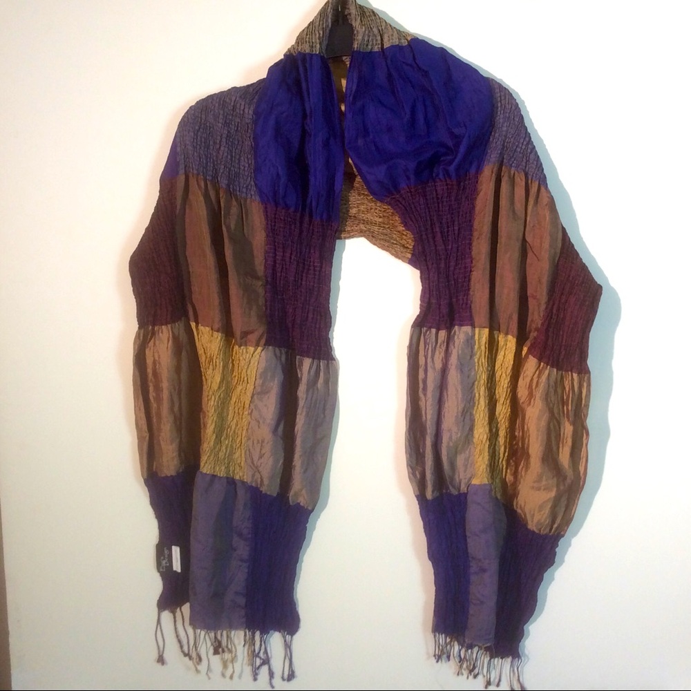 Eng's Design 100% Silk Handloom Scarf Purple Gold Bohemian Wrap Fringe Textured